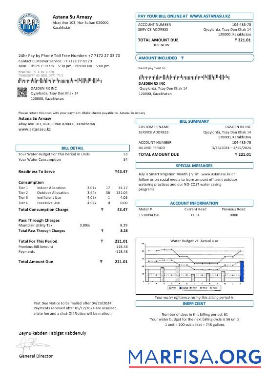 Realistic Kazakhstan Astana Su Arnasy business utility bill template in Word and PDF format (.doc and .pdf)